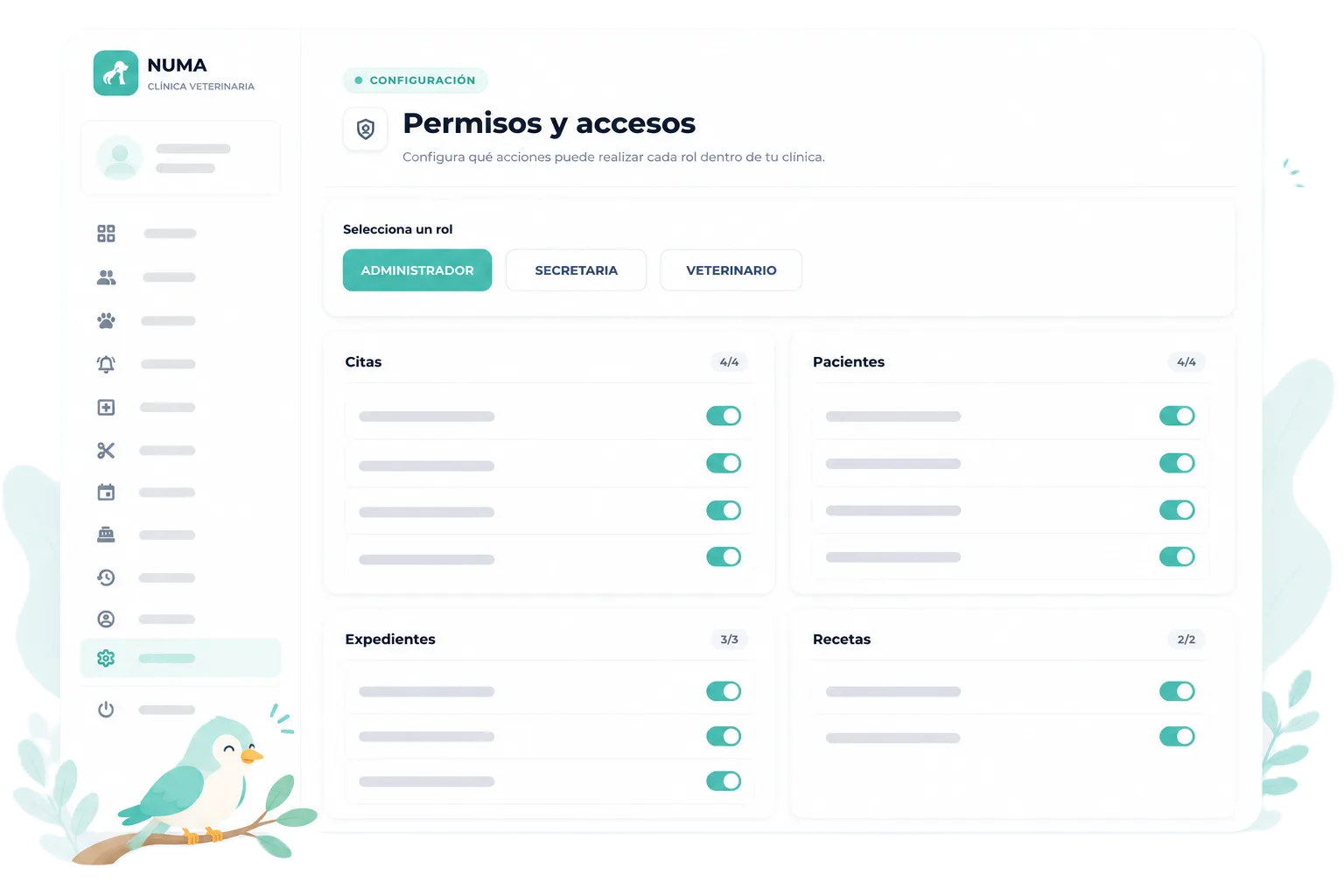 Vista previa del módulo de usuarios y permisos en Numa